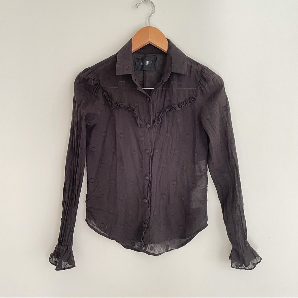 Reformation Button Down Bell Sleeve Black Sheer Dot Top Size Small